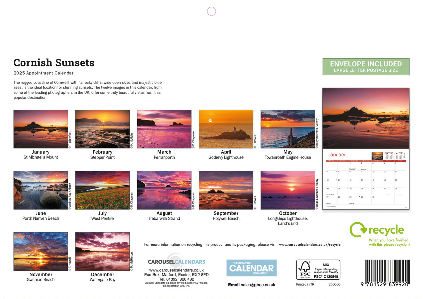 Cornish Sunsets A4 Calendar  2025