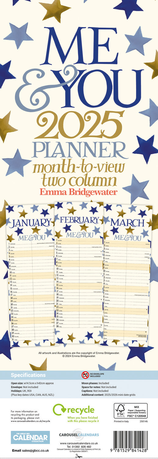 Emma Bridgewater, Me & You Blue Star Planner Slim Calendar 2025