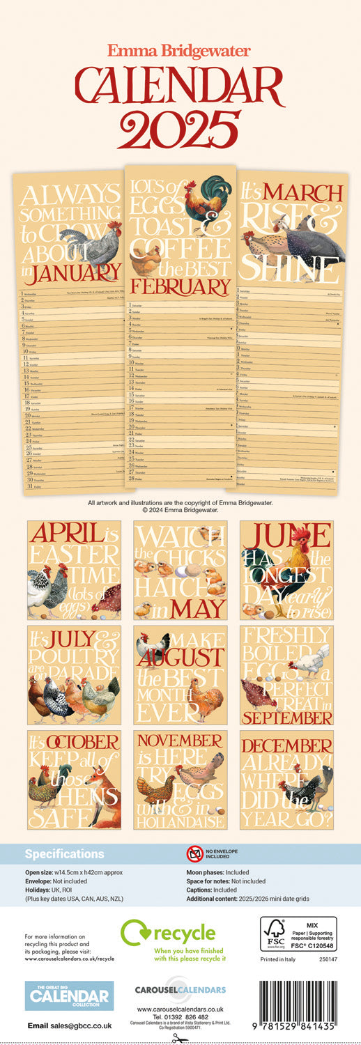 Emma Bridgewater, Rise & Shine (PFP) Slim Calendar 2025