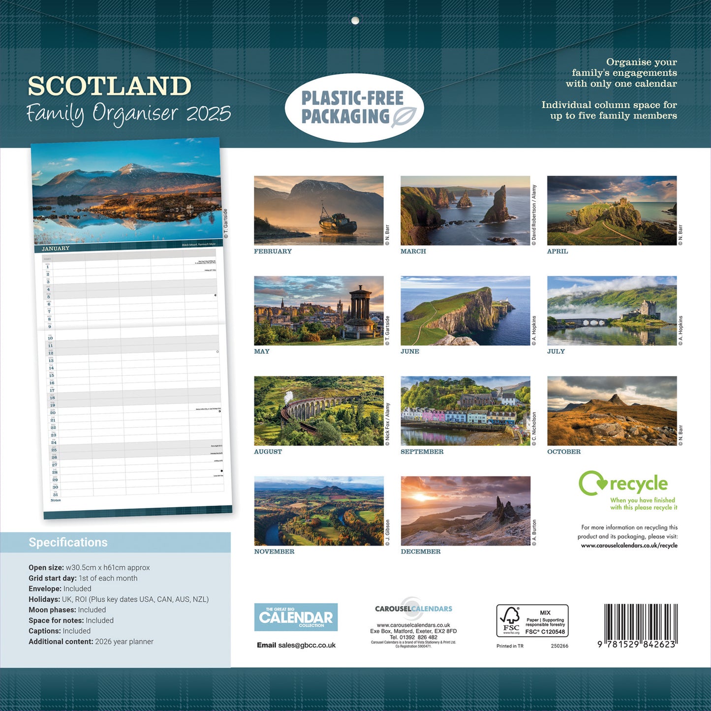 Scotland Family Organiser Planner Wall Calendar 2025