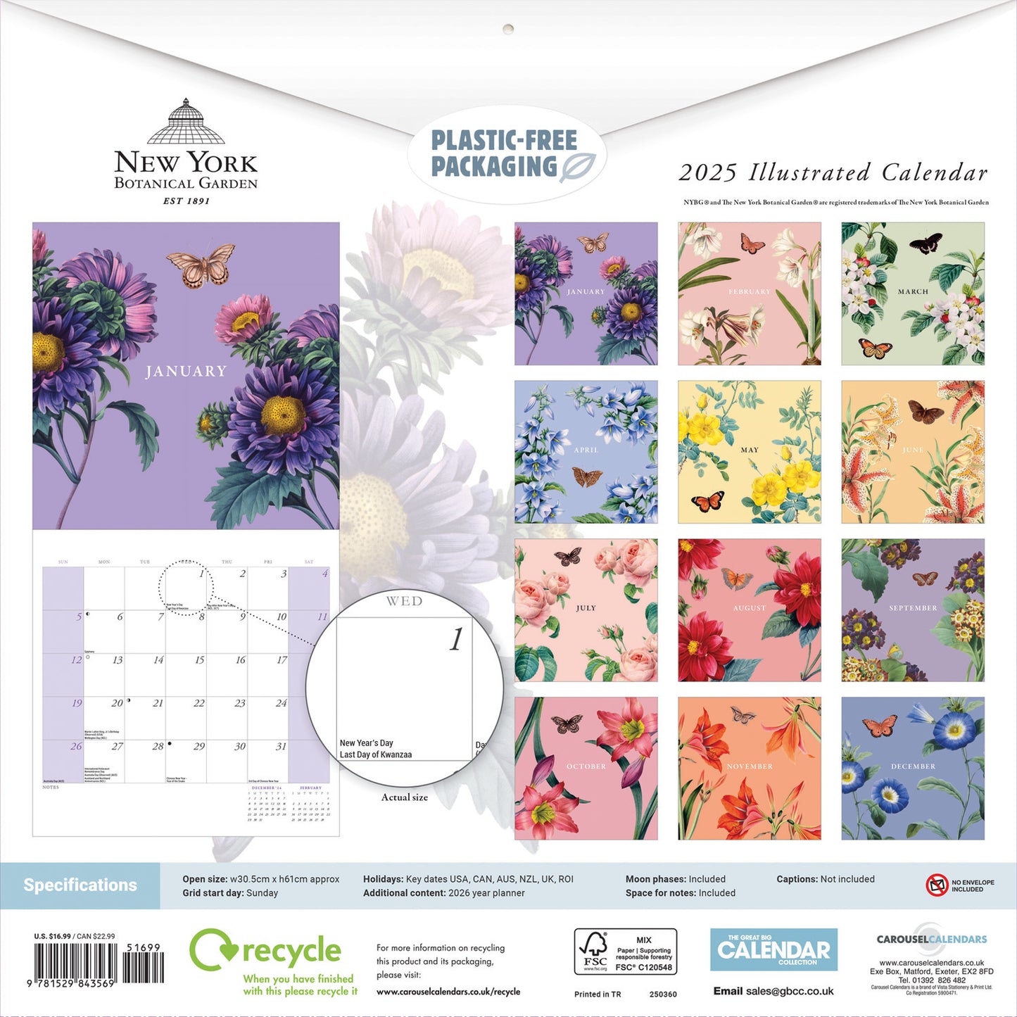 NY Botanical Gardens Illustrated (PFP) Wall Calendar Sunday Start  2025