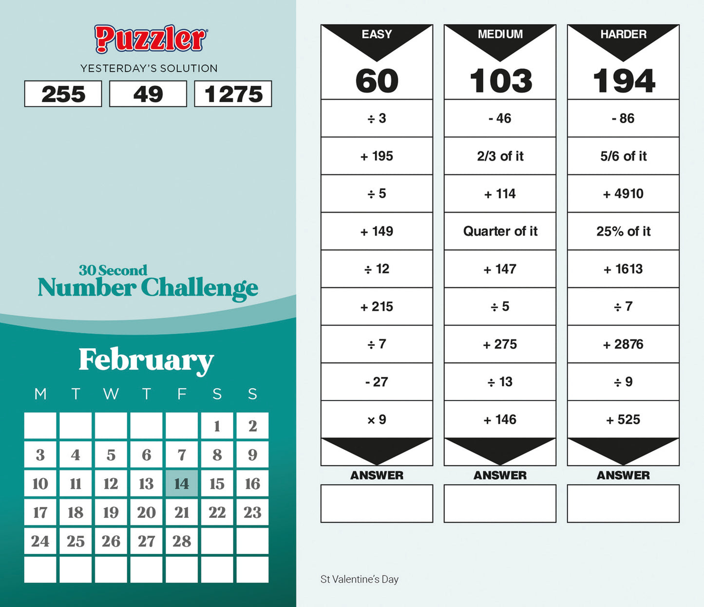 30 Second Number Challenge, Puzzler Box Calendar 2025