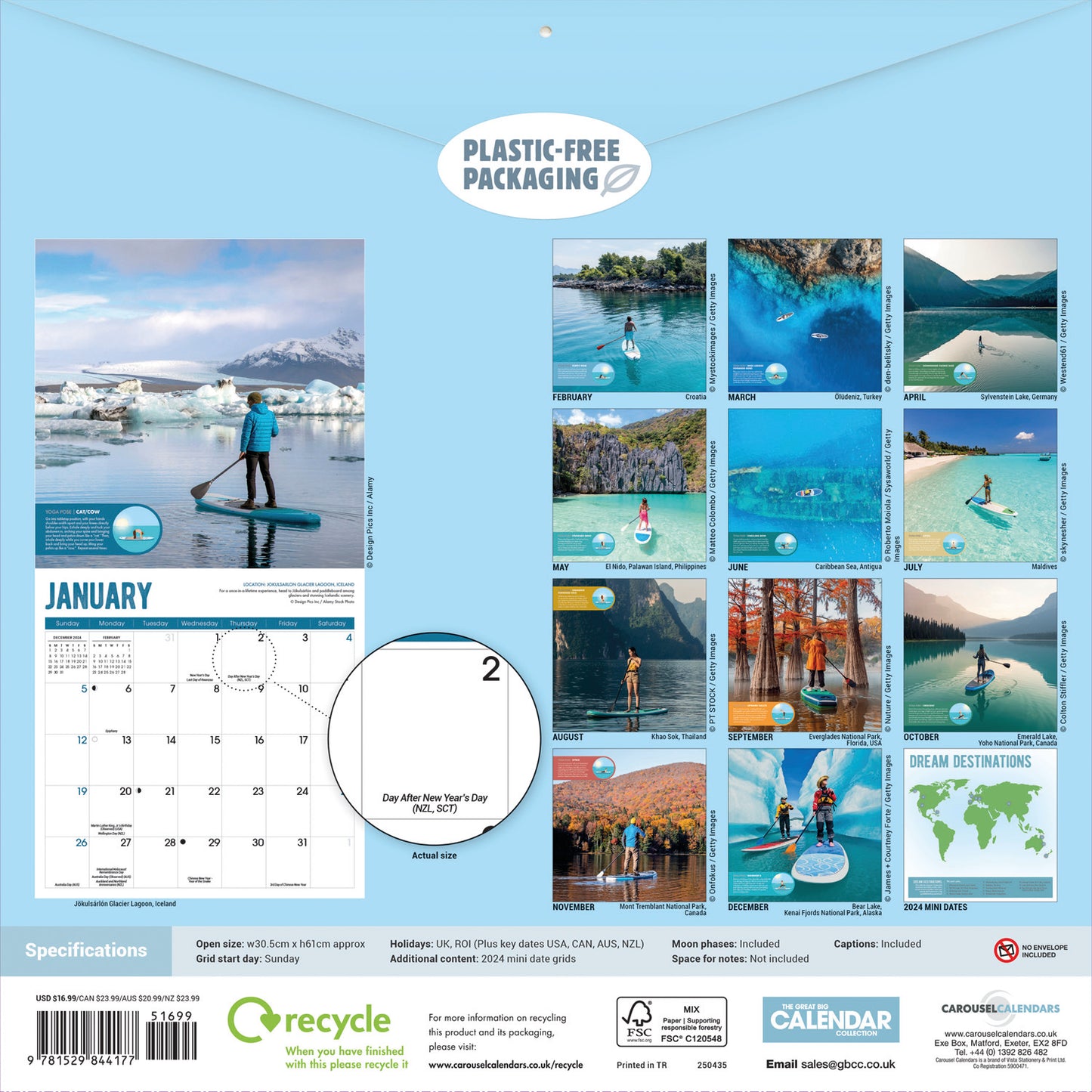 Paddleboarding (PFP) Wall Calendar Sunday Start 2025