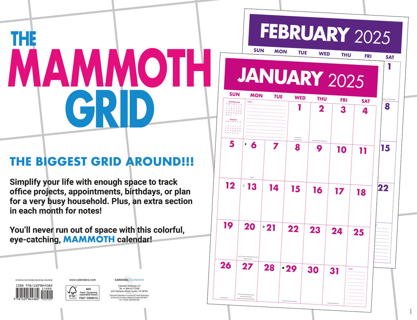 Mammoth Grid Sunday Start Deluxe Wall Calendar 2025