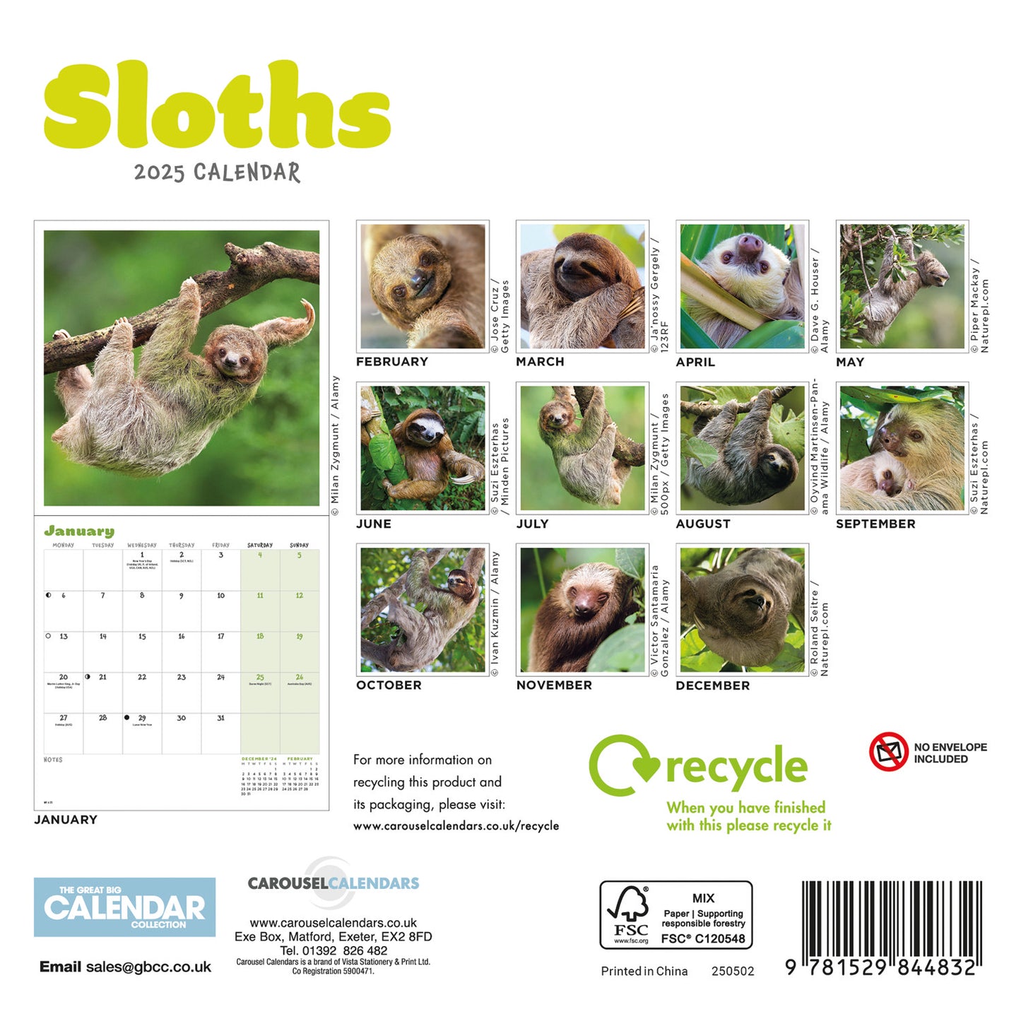 Sloths Mini Calendar 2025