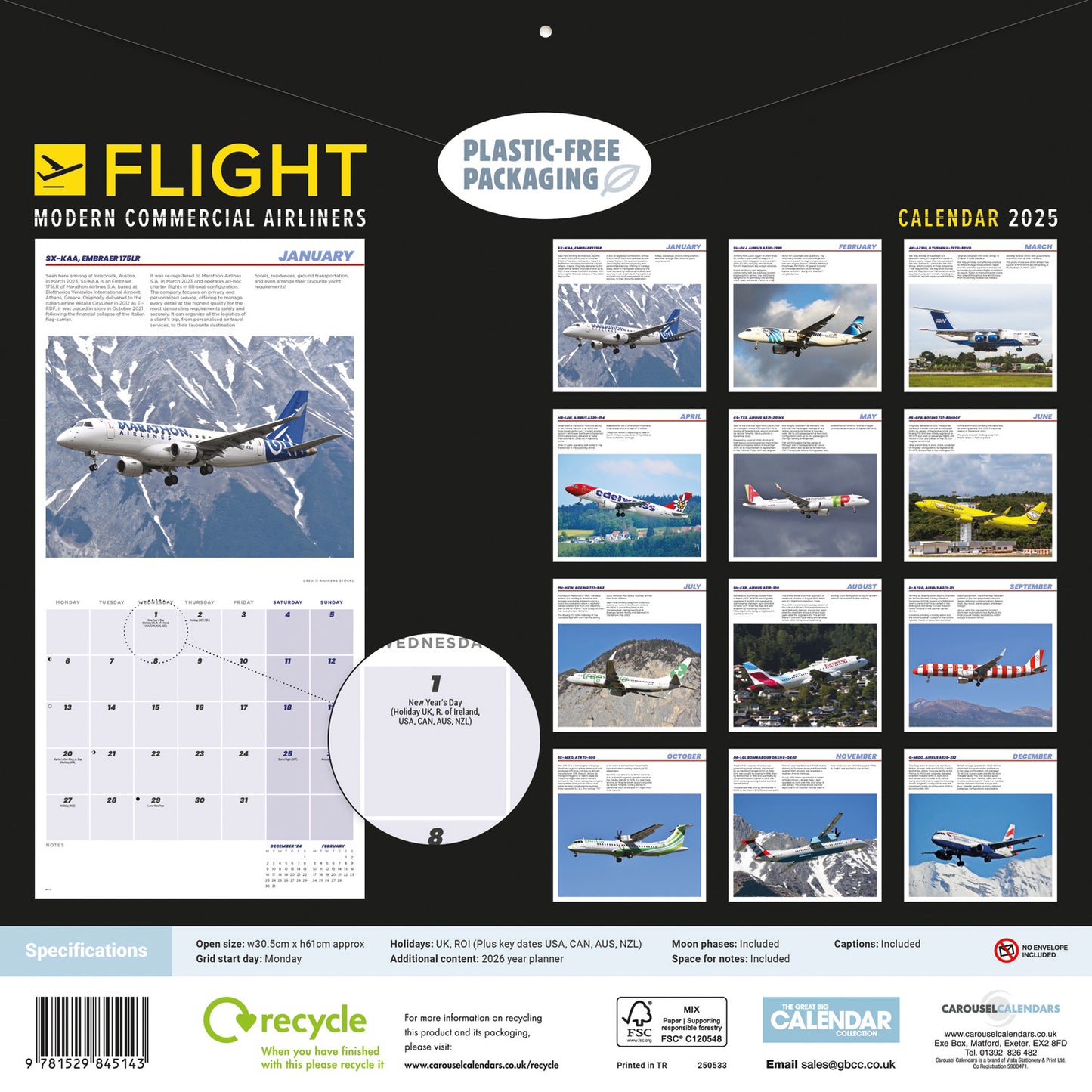 Flight, Modern Commercial Airliners (PFP) Wall Calendar 2025