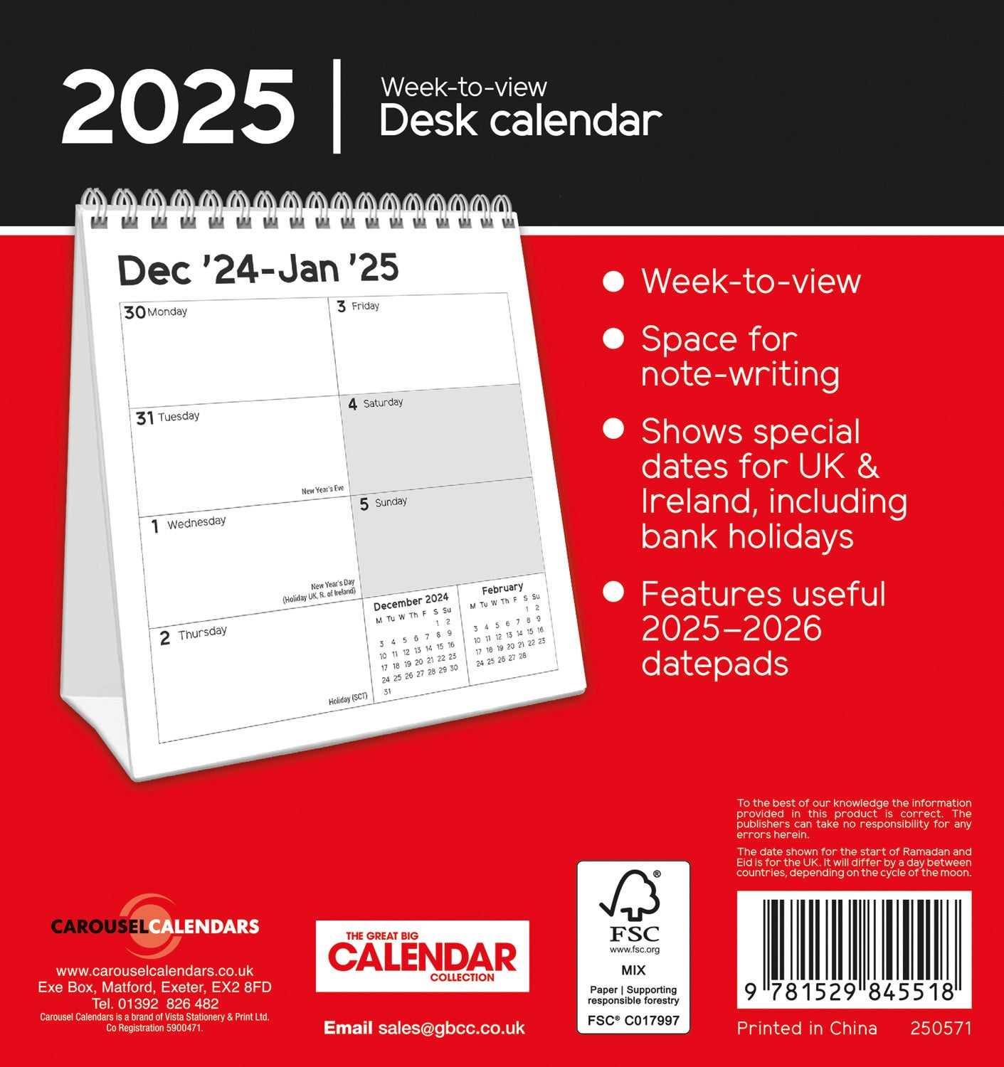 Essential WTV Desk Easel Calendar (R&B) 2025