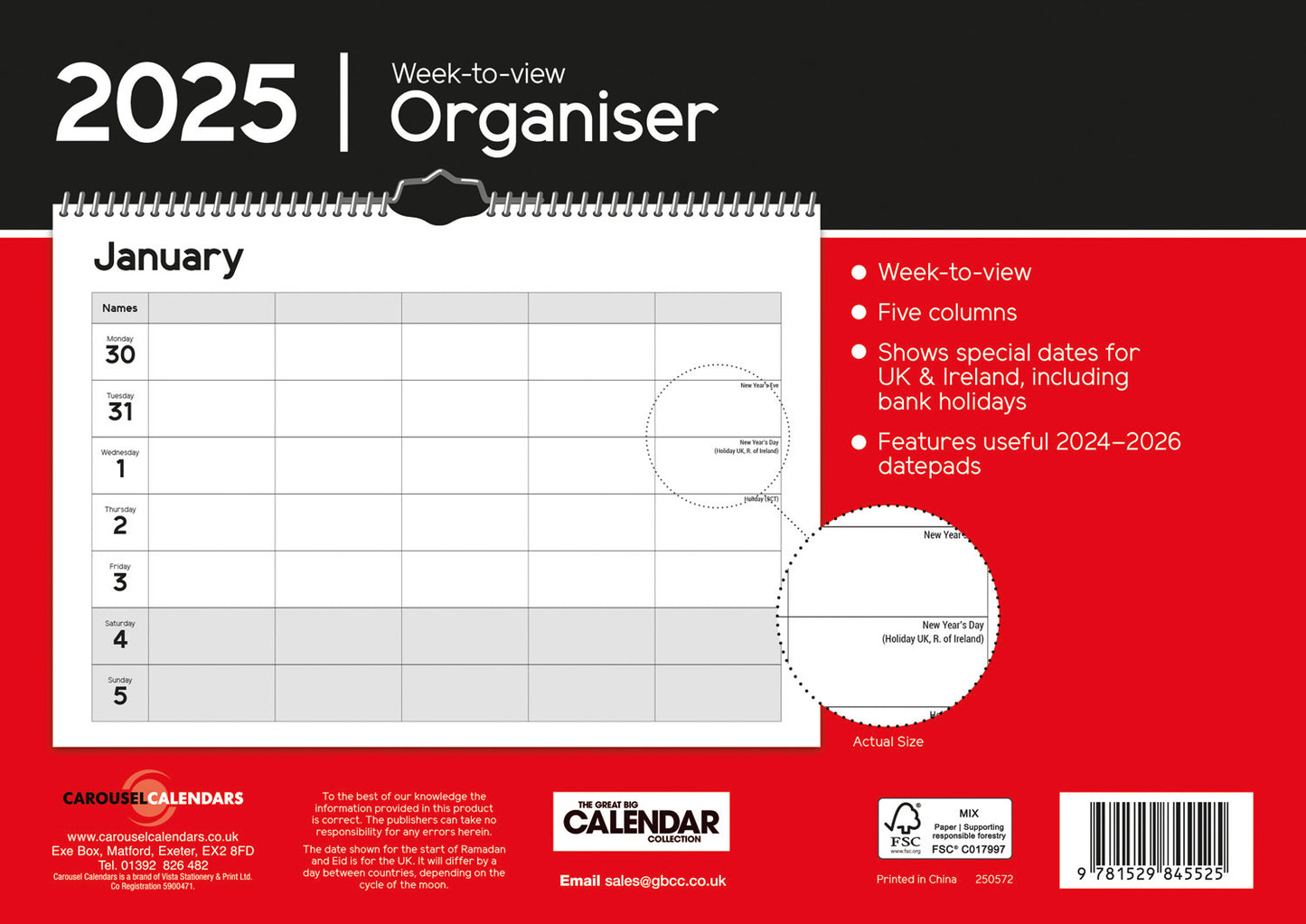 Essential Organiser WTV Planner A4 Calendar (R&B) 2025